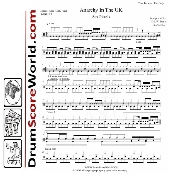 Sex Pistols - Anarchy in the UK - Drum Sheet